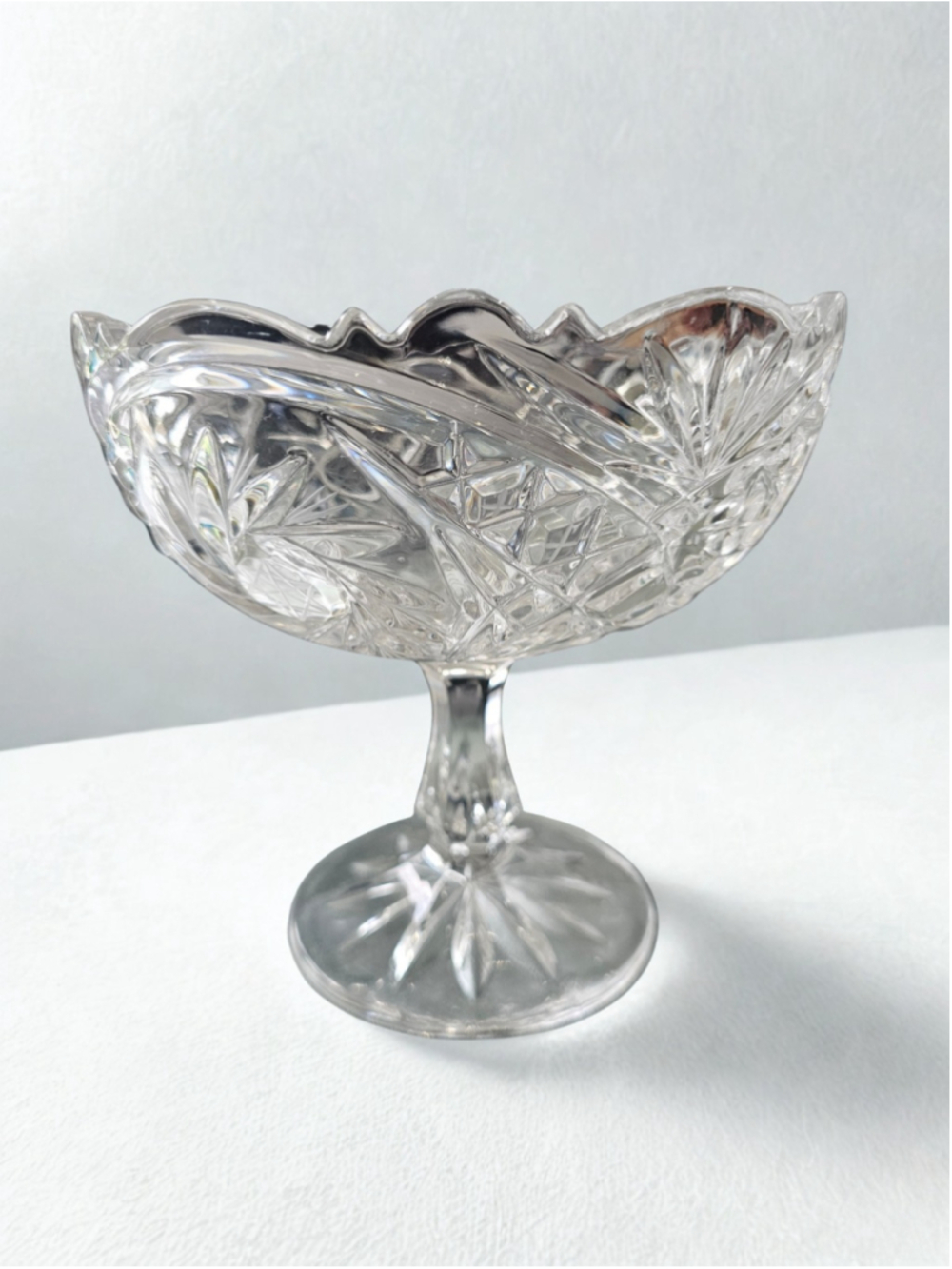 Brilliant Cut CRYSTAL Footed Pedestal 7" X 7" Compote Bowl Pinwheel Star Pattern